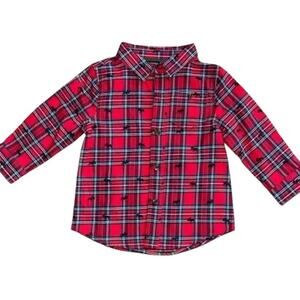 NWT Hatley Boys  Red Christmas Holiday Moose Plaid Button Top 12-18M NWT
